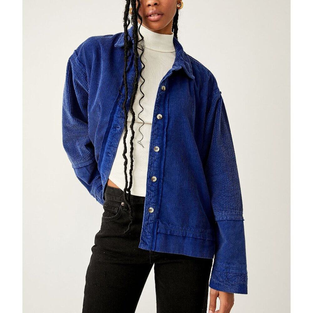 free people full moon corduroy oversized jacket limoges blue women size xsmall